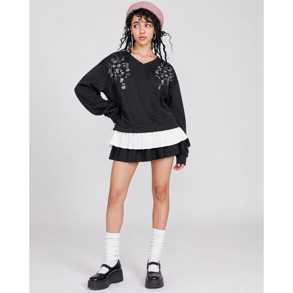 Calligraphy Sweatshirt Sweater Boxy Top Women M Black V-neck Rhinestone Beads